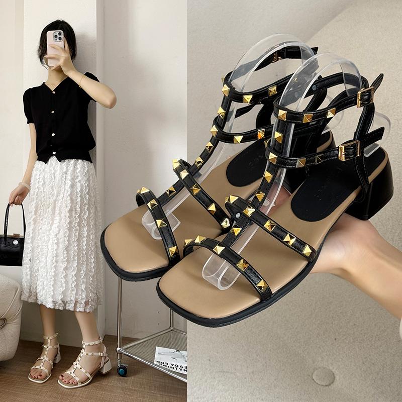 Studded Sandals Women Summer Temperament Fashion Strap Mid Heel Open Toe Shoes Leisure Square Heel Versatile Sandalias De Mujer