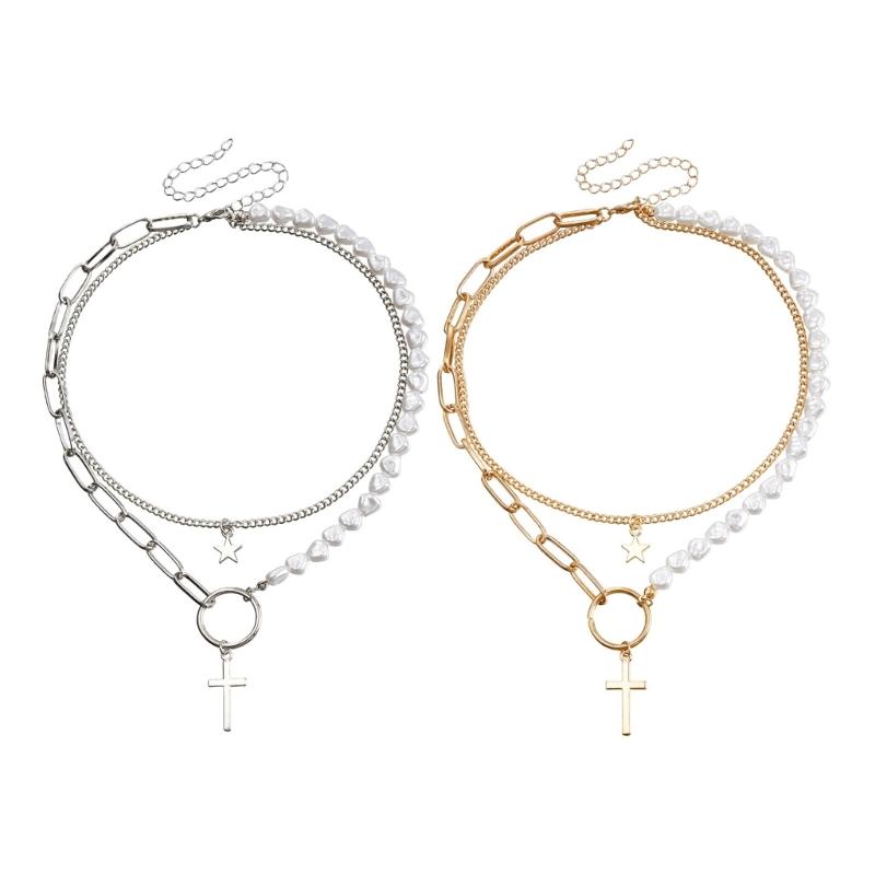 Vintage Pearl Choker Necklace for Women Gothic Layered Splicing Clavicle Chain