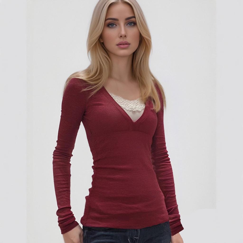 Women S Slim Fit Lace Spliced Long Sleeve T Shirt Autumn Winter Base Layer