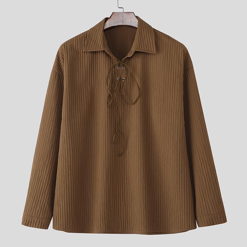 INCERUN Men Long Sleeve Bandage Eyelet Decorative Texture Casual Loose Pullover Tops