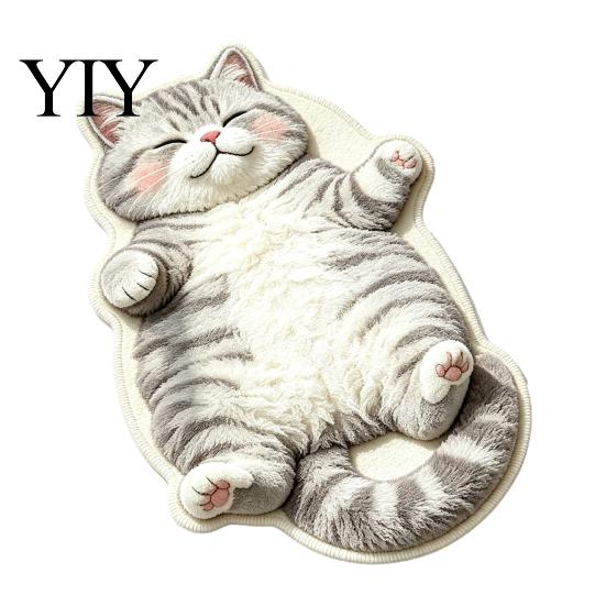 Easy to Clean Bedroom Rug Cozy Cat Shaped Floor Rug, Plush Cartoon Area Mat, Soft Whimsical Pet Themed Cover Crystal Velvet Decorative for Bedside And