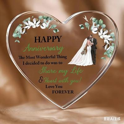 2D Flat, "Happy Anniversary" Heart-Shaped Anniversary Acrylic Desktop Decoration, Romantic Floral Design, Home Decor Plaque Hanging Wall Art Decorativ