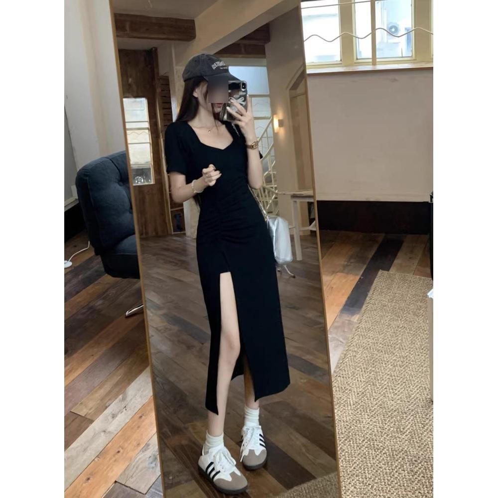 

Платье с V-образным вырезом на талии и тонким разрезом на бедрах, летняя мода, женская одежда, черная юбка средней длины XL