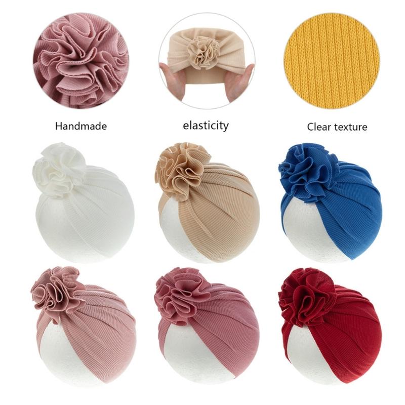 Fashionable Baby Turban Hat Solid Color Headwear Lovely Infant Fetal Caps with Lovely Flower Detail,  Trendy Headwrap