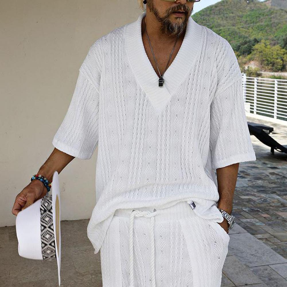 2 szt./zestaw Męski letni strój T-shirt z dekoltem V i krótkim rękawem Elastyczny pas ze sznurkiem Kieszenie Szerokie spodnie Szorty Zestaw Jednolity kolor Dzianina