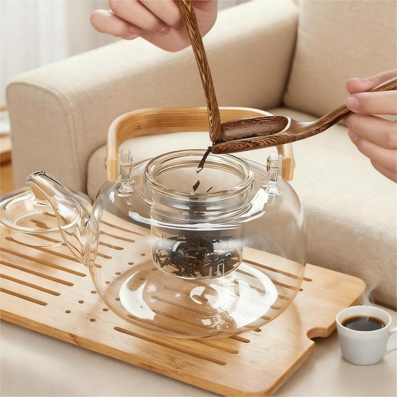 1000ml Glass Teapot Chinese Tea Ceremony Clear Teapot with Filter Wood Handle for Electric Ceramic Stove Home Office Tea Maker