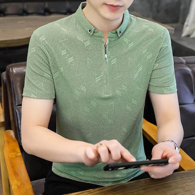 Men Green Letter Jacquard Stand Collar Half Zip Short Sleeve Polo Shirt M зелёный