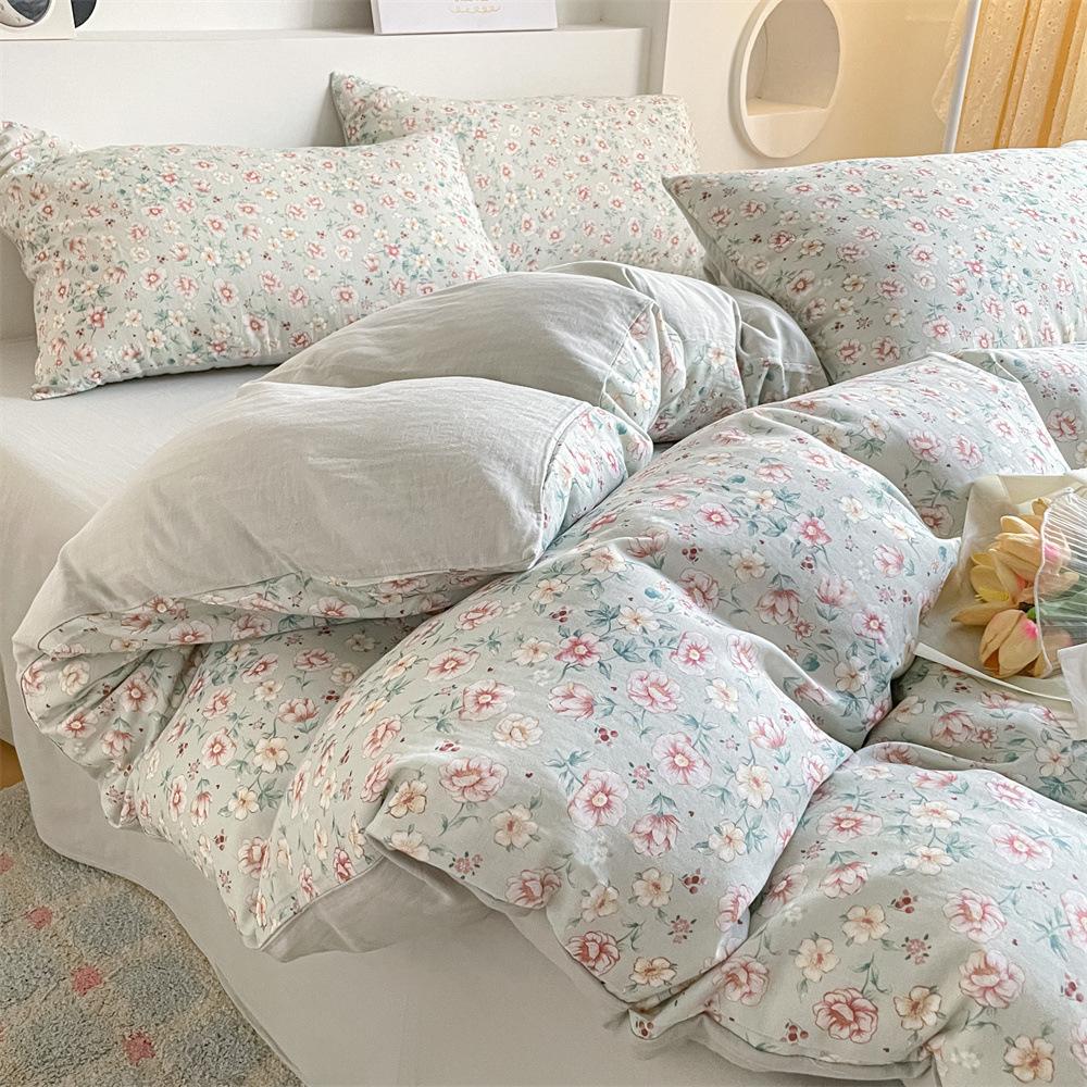 Pure Cotton Class A Maternal And Infant Grade Double-Layer Yarn Four-Piece Set, Summer Breathable Small Floral Dormitory Can Be Washed Without Pilling