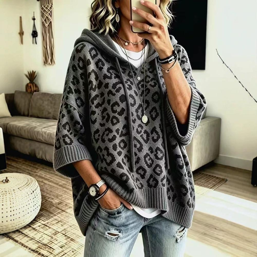 Leopard Print Hooded Sweater Women Drawstring Knit Pullover Hoodie Loose Knitted Outerwear Casual Oversized Sweatshirt Top