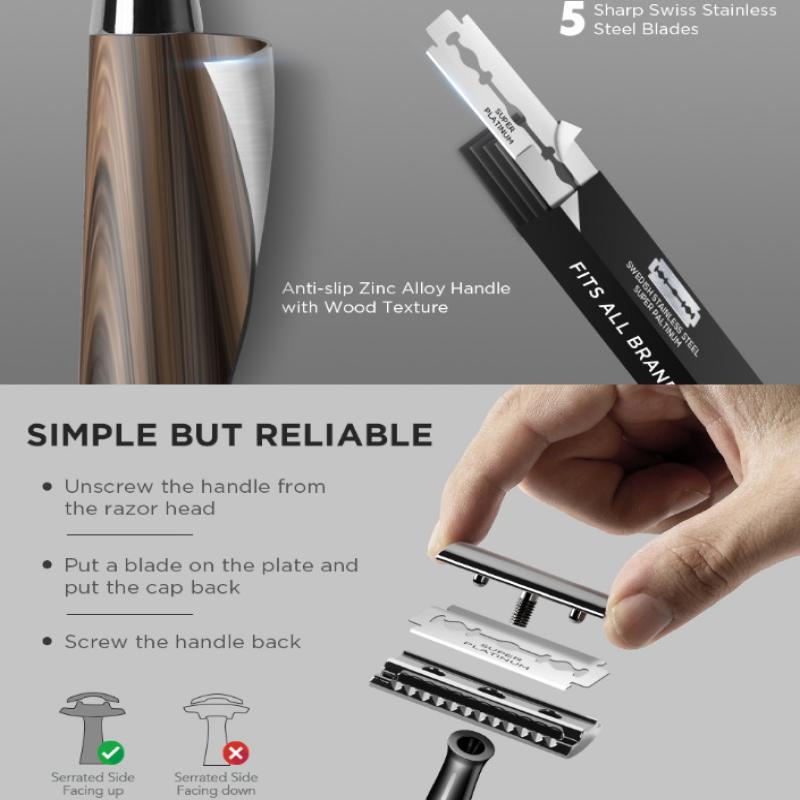 Double Edge Safety Razor, Faux Wood Zinc Alloy Handle Razor With 5 Stainless Steel Blades, Heavy Duty Eco-Friendly Razor
