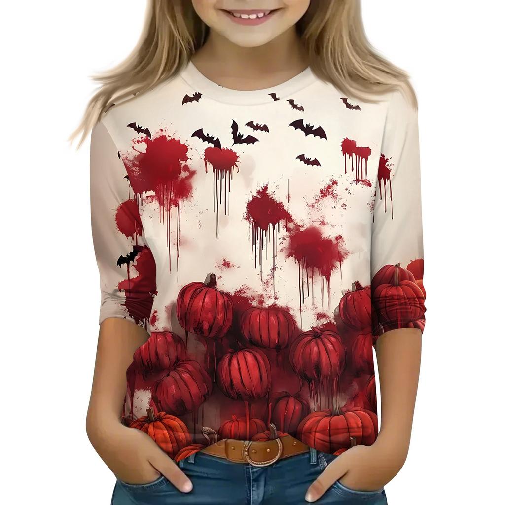 Kinder 3/4-Ärmel Tops Lässiges Halloween-Print T-Shirt Rundhals Pullover Bluse