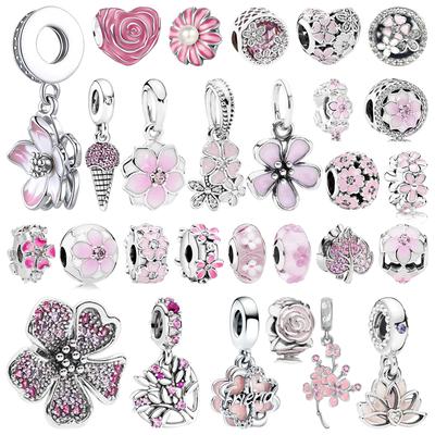 Pink Flowers Series Charm Beads Daisy Flower Clip Cherry Blossom Rose In Bloom Fit Original Bracelets Diy Jewelry Gifts