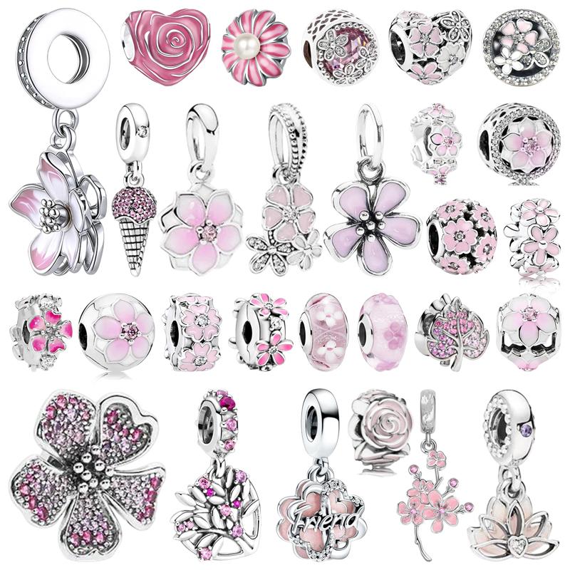 Pink Flowers Series Charm Beads Daisy Flower Clip Cherry Blossom Rose In Bloom Fit Original Bracelets Diy Jewelry Gifts