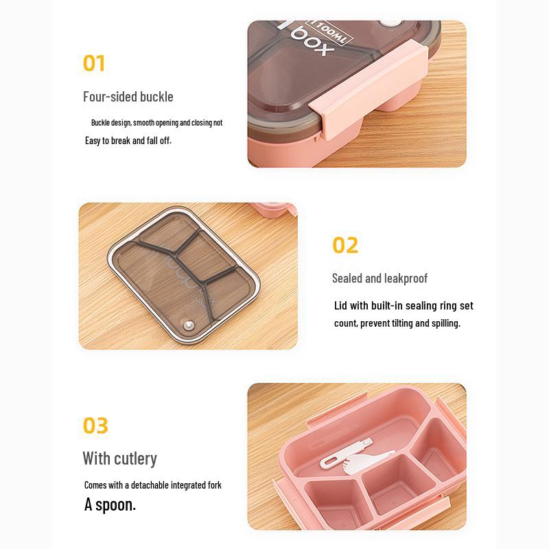 Square Grid Portable Plastic Bento Lunch Box - Microwave Safe with Buckle for Students & Office Workers