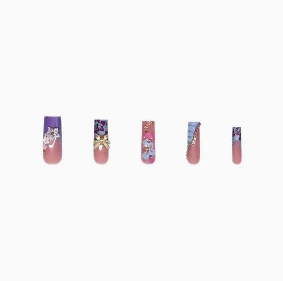 24Pcs Long Coffin Press On Nails, Blue French 3D Flower & Butterfly Rhinestone False Nails