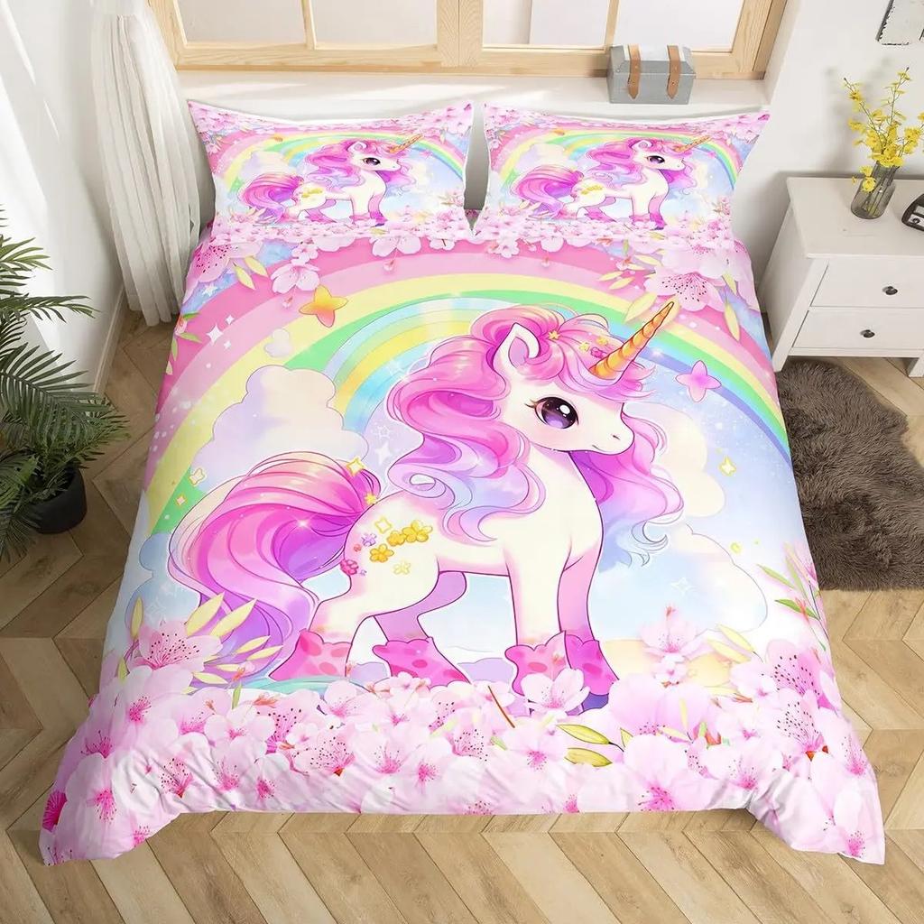 3D Rainbow Cloud Print Duvet Cover Set, Soft Microfiber Cute Cartoon Unicorn Bedding Set With Pillowcases