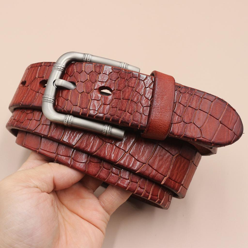3.8CM Men's Belt Genuine Leather Belt Casual Retro Washing Crocodile Pattern Head Layer Cowhide Belt