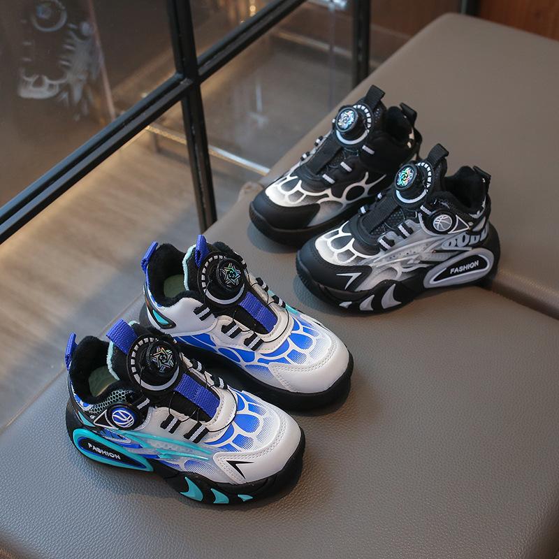 Boys' Fleece-lined Thickened Stylish Sneakers, New Winter Model for Older Children, with Rotating Buckle Casual Shoes