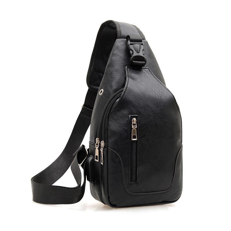 Simple and Fashionable Casual Solid Color PU Multifunctional USB Charging Zipper Man's Chest Bag Crossbody Bag for Commuting