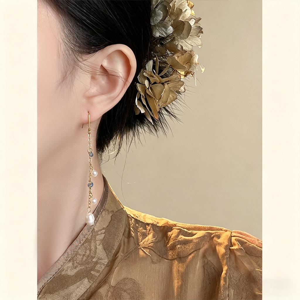 Chinese Freshwater Pearl Tassel Earrings with Blue Zircon - Elegant, Luxurious, Cool Aesthetic