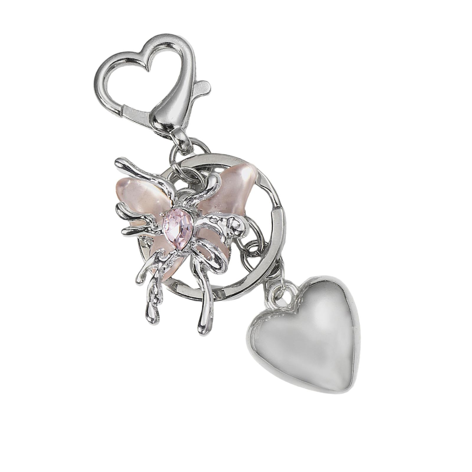 

Elegant Silver Heart Bowknot Keychain Charm Pendant Handmade Heart Keyring for Women Fashionable Backpack Ornament розовый