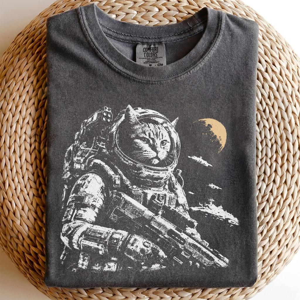 Weltraumkatze Astronaut T-Shirt und Kinder-T-Shirt, Sci-Fi Krieger Grafik-T-Shirt, Geschenk für Katzenliebhaber