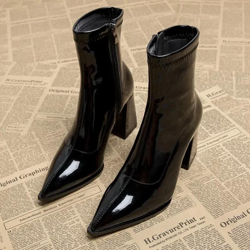 Autumn Womnen's High Heel Ankle Boots New Winter Plus Velvet Pointed Toe Chunky Heel Chelsea Boots for Women Heeled Sheos Dress