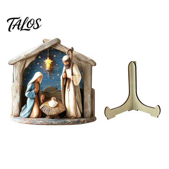 Christmas Religious Theme Decor Nativity Scene Wooden Tabletop Sign, Manger Holy Family Figurine Decor, Teak Wood Jesus Birth Figurines Xmas