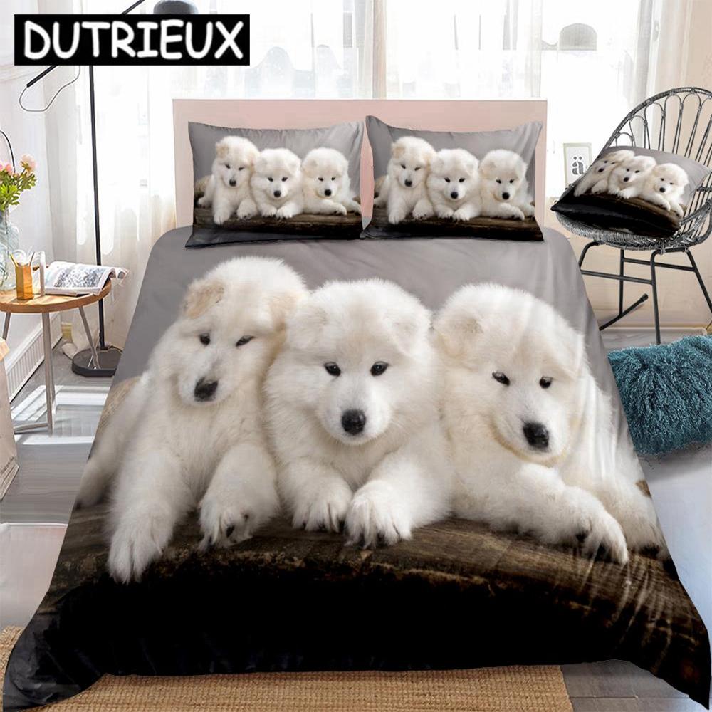 

3D Samoyed Dogs Duvet Cover Set Cute White Samoyed Bedding Kids Boys Girls Animal Home Textiles Cute Pet 3pcs Queen Dropship (135x200cm)
