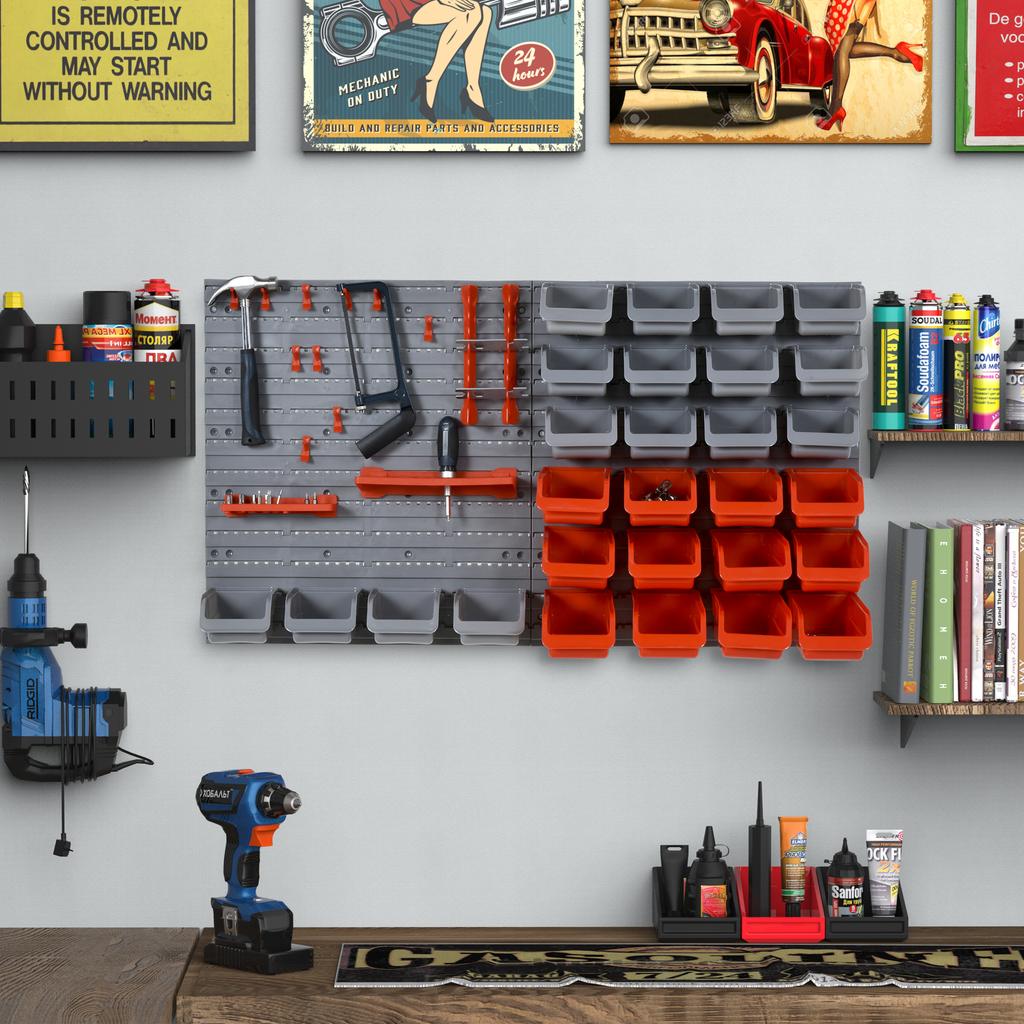 Tool Rack, 44-Piece Wall-Mounted, 95 x 54 cm, 28 Stackable Boxes, Grey and Red