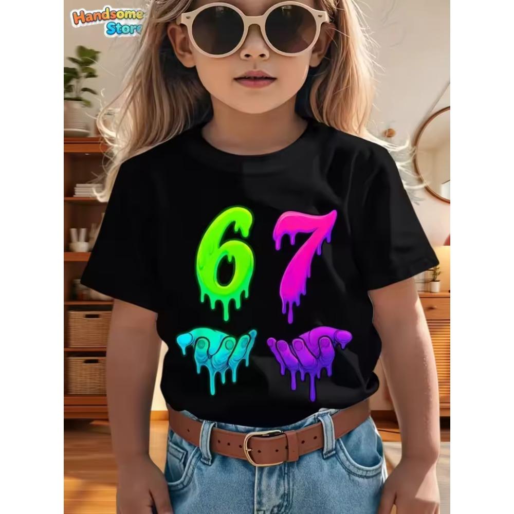 Summer Cartoon Bow Cute 67 Six Seven Print Kids Short Sleeved Shirt Cotton Casual Childrens Tshirt Girls Fashion Clothes Tees