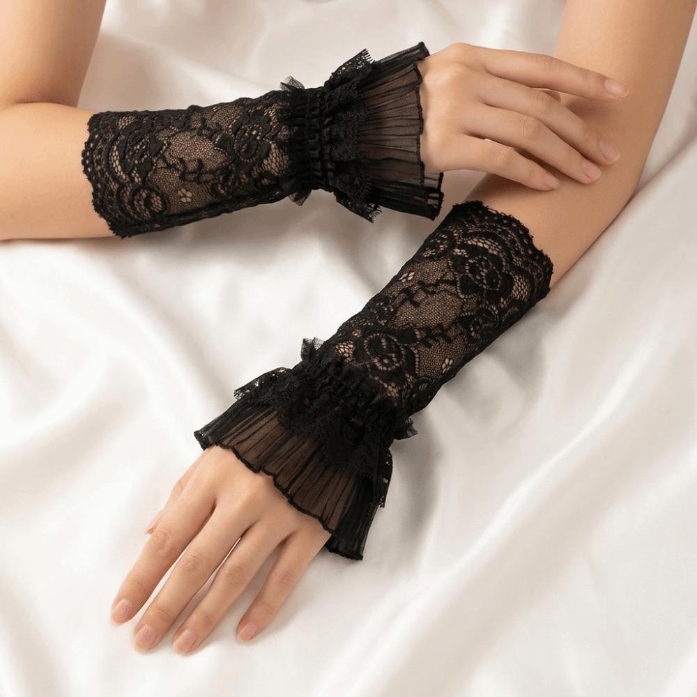Ruffle Cuffs Fingerless Gloves Mesh Decorative Gloves Vintage Lace Arm Sleeves Women