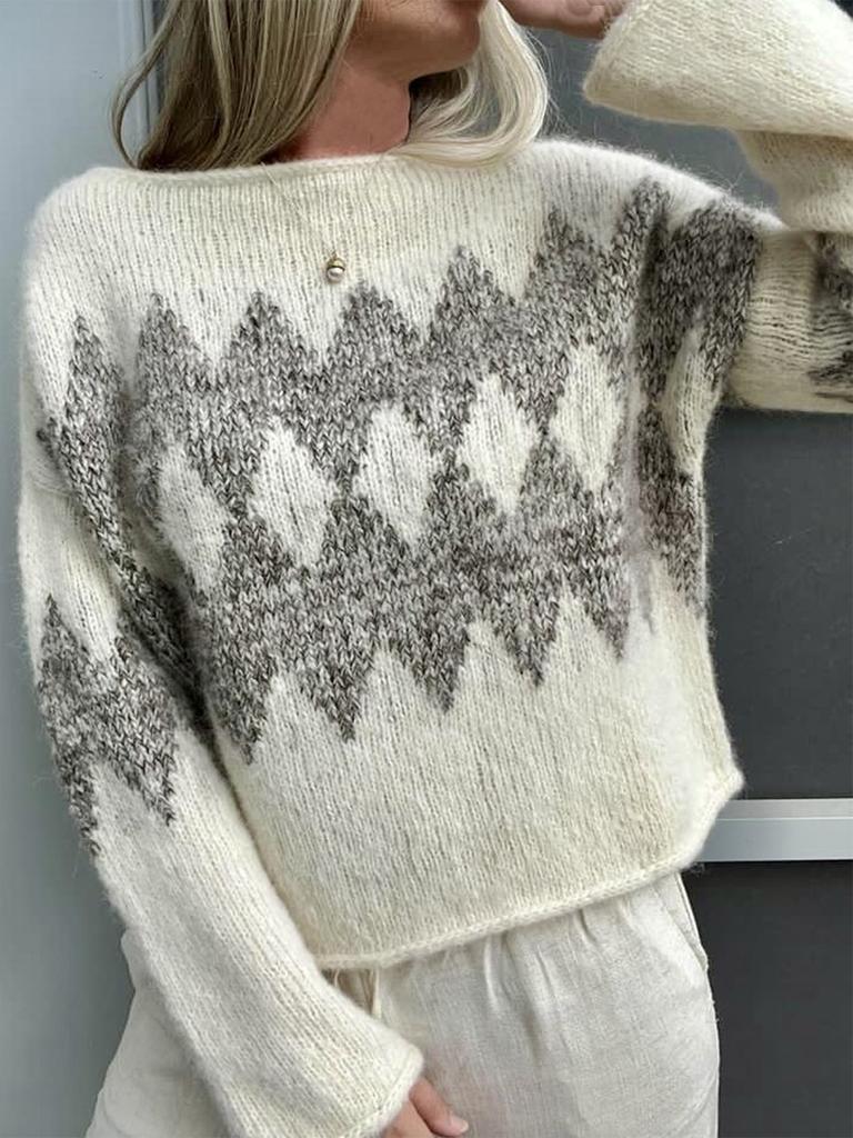 Jesienno-zimowy damski sweter casualowy z odkrytym ramieniem, pulower, dzianinowy top z kolorowym blokowym wzorem w romby