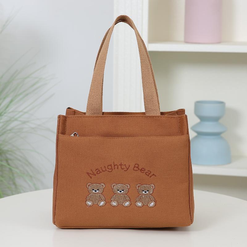 Cute Small Bear Printed Canvas Versatile Handbag Commuter Office Worker Lunch Bento Tote Bag