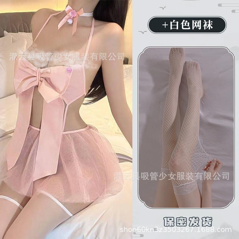 Sex Underwear Big Bow Hanging Neck Three-point Hollow Shawl Mesh Skirt Perspective Lace-up Fairy