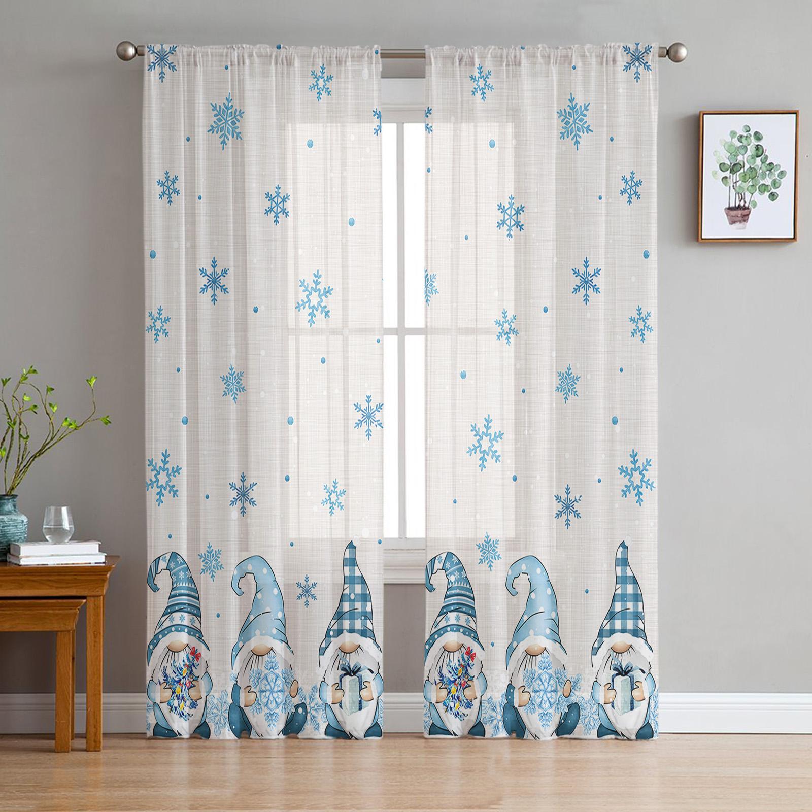 

Рождественский Синий Снежинка Гном Оконные Тюлевые Шторы для Гостиной Кухни Рождественский Домашний Декор Прозрачная Вуаль Шторы 135W x 114H(cm)