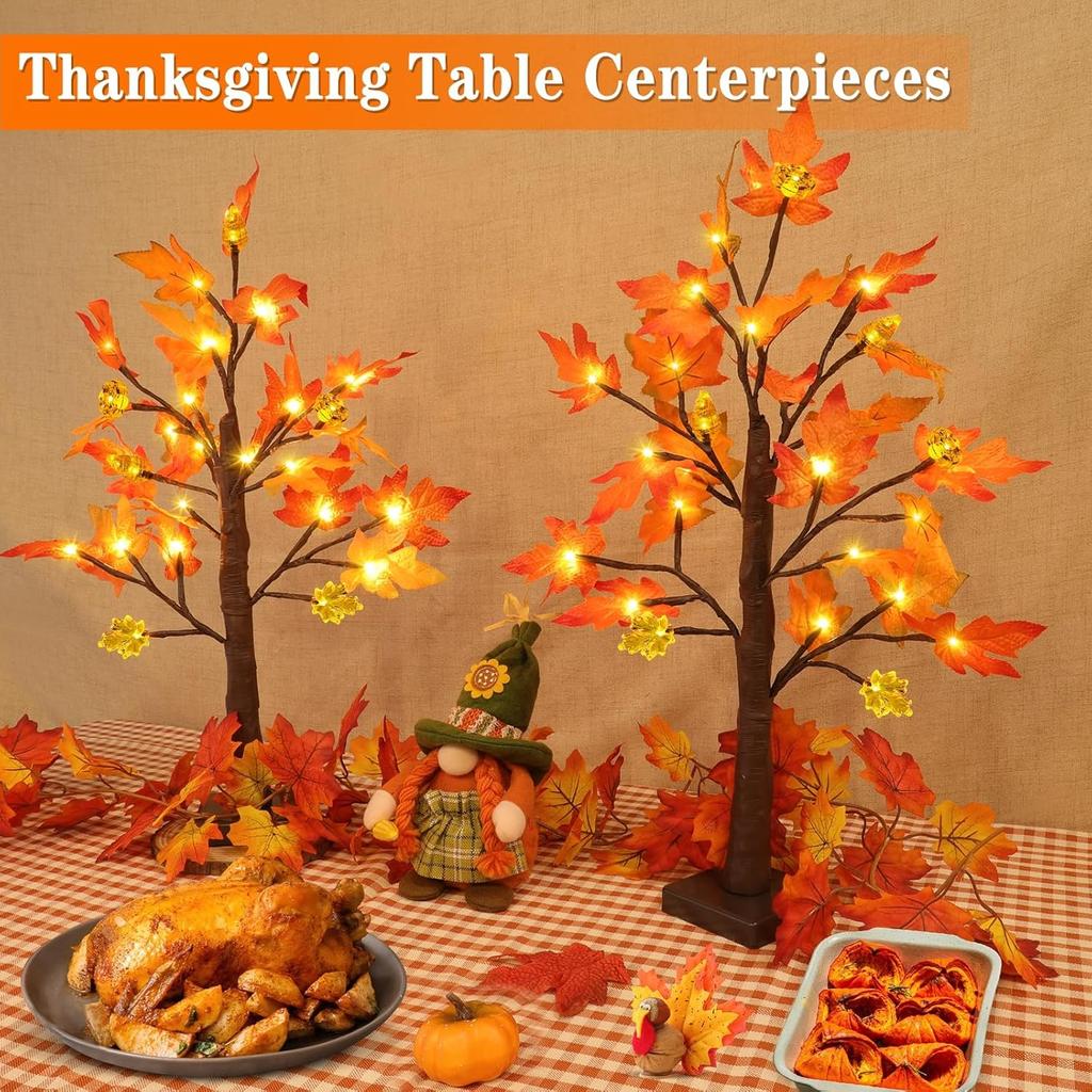 Thanksgiving Decorations, 2 Pack 24''/2FT Prelit Fall Maple Tree Fall Decor Total 48 LED Timer Battery Operated Lighted Pumpkins Acorns Maples Leaves