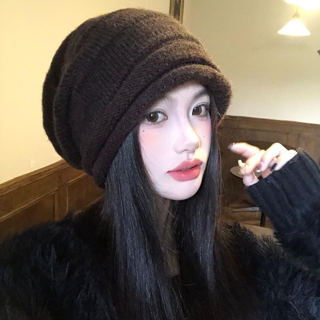 Big head circumference coffee-colored knitted stacking hat Children's autumn and winter warm face small cold hat Versatile warm plain head hat