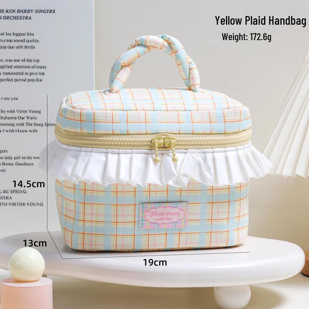 Cable Knit Color Block Plaid Makeup & Toiletry Bag with Ruffle Trim - Large Capacity Handheld Design