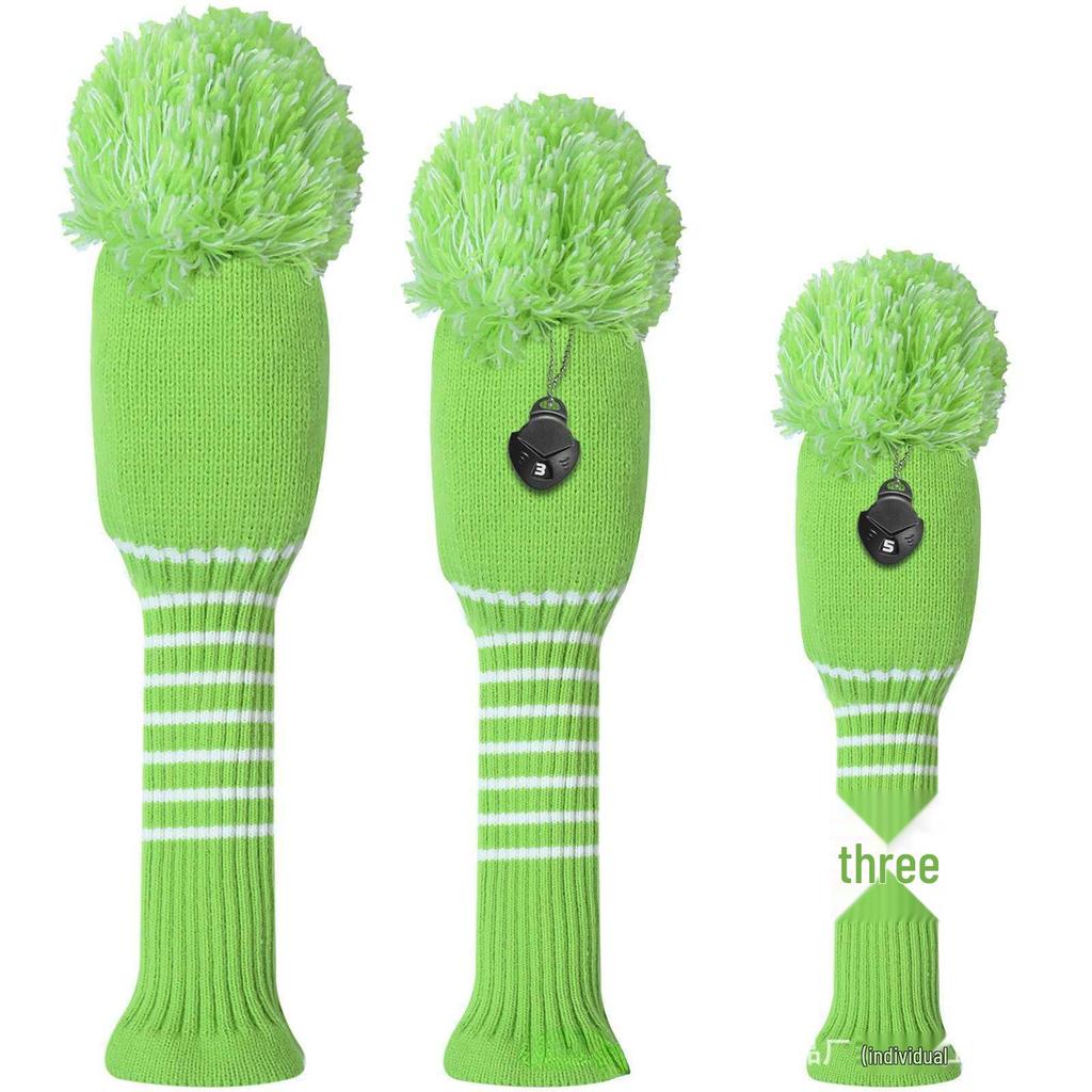 Striped Golf Club Headcovers - Set of 3 Knit Protective Covers for Woods (1/3/5) with Pom Pom Design.