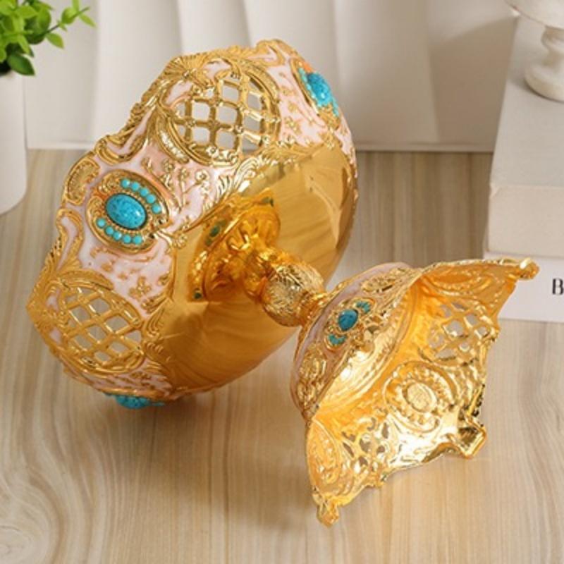 European Fruit Plate,Inlaid Gem Alloy Exquisite Luxury Hollowed-Out Shape Tall Feet 18cm Tray,Food Snack Disc,Wedding Decoration