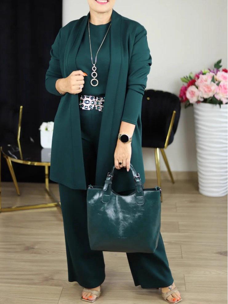 Women's 3-Piece Set: Pure Color Round Neck Top with Belt and Comfortable Long Sleeve Pants