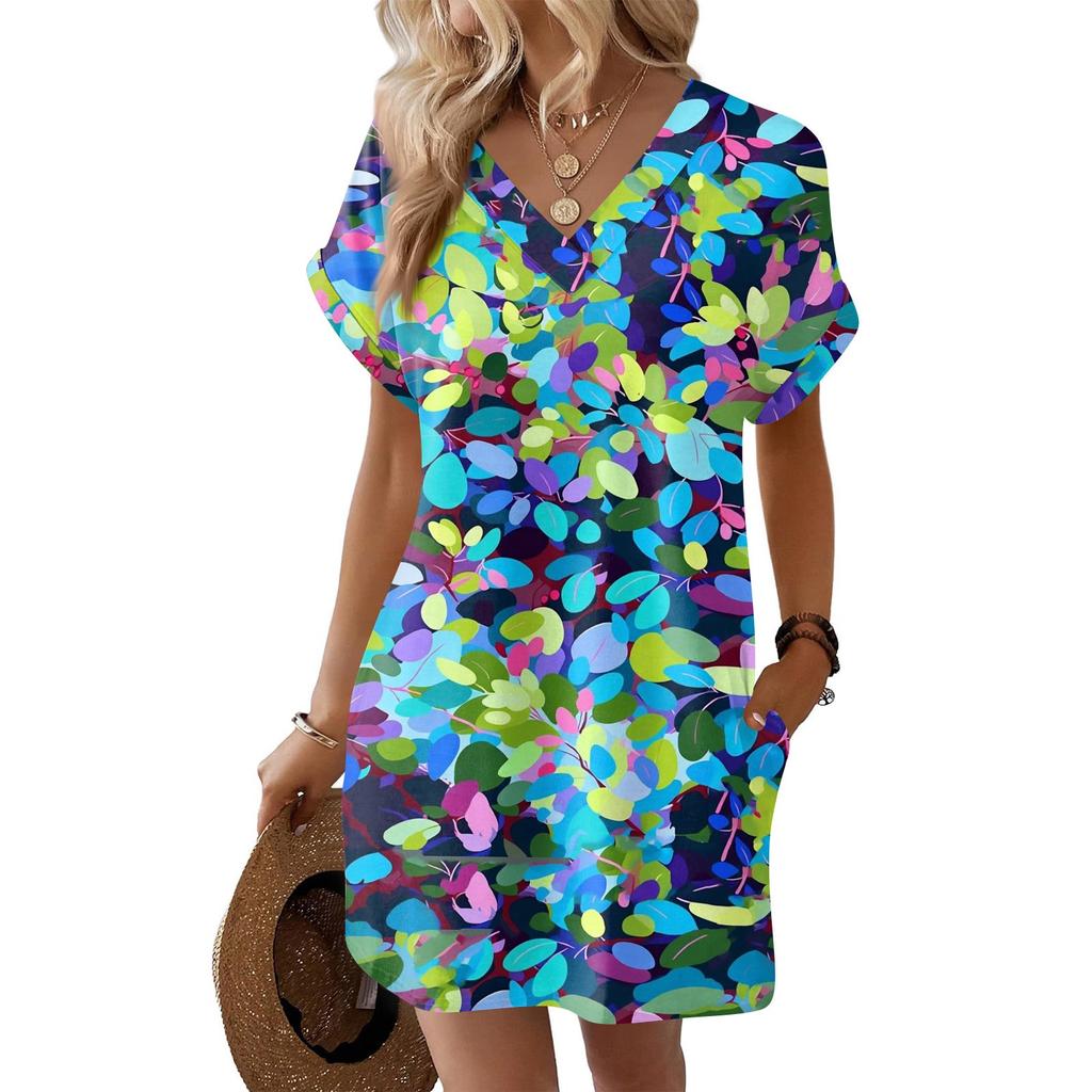 Short Sleeve Women's Dress Casual Dresses With Pockets V Neck Vocation Boho Beach Sundress