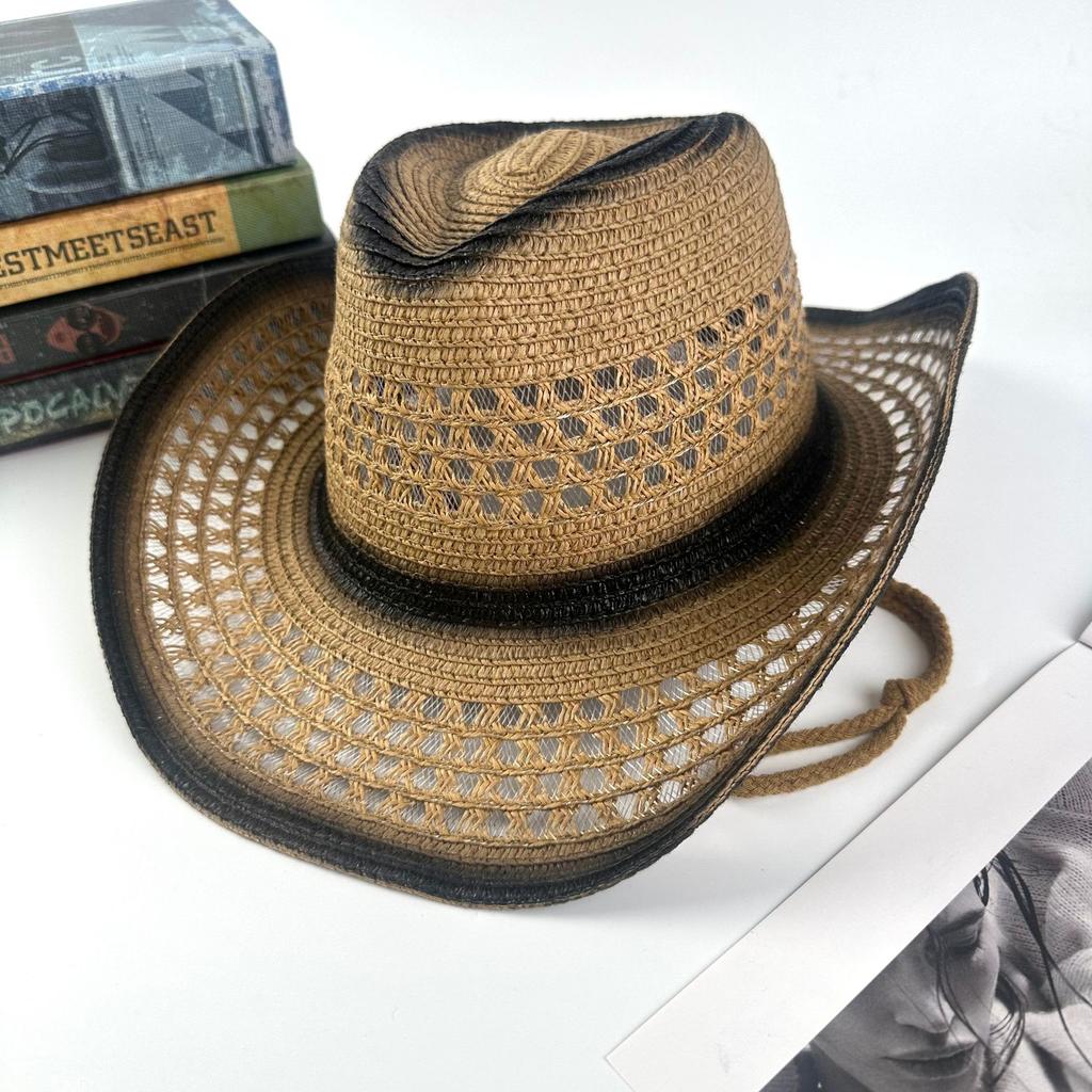 Summer new western denim straw hat European and American retro ethnic style top hat men's and women's sun protection hat sun hat