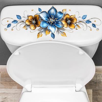 Pegatina para Tapa de Inodoro Flor Azul Dorada Impermeable Elegante Decoración de Baño Vinilo Autoadhesivo Calcomanía para WC para Decoración del Hogar
