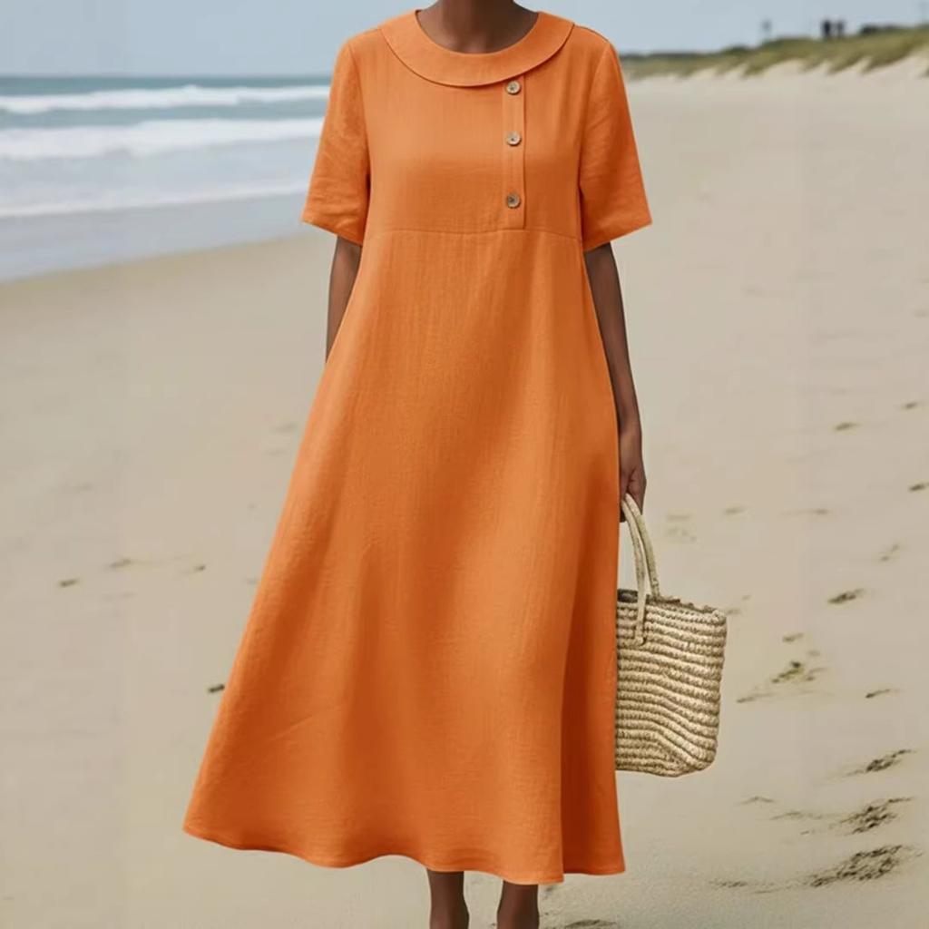 Vestido Casual Vintage de Mujer con Botones, Cuello Redondo, Corte Holgado