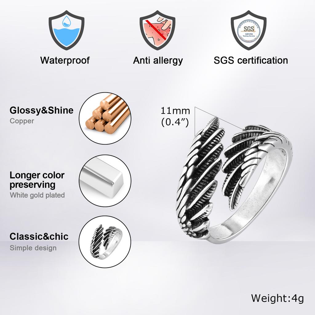 Angel's Wing Feather Ring for Men Boys, Metal Opening Ring Adjustable Ring,Rock Punk Jewelry Anniversary Birthday Gifts