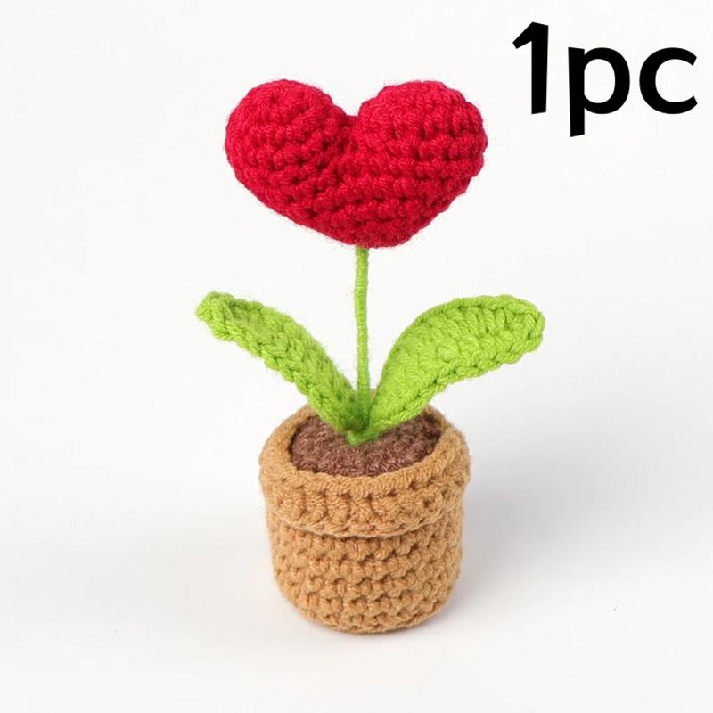 1-5pc Handmade Knitted Flower Pot Red Heart-Shaped Knit Imitation Potted Creative Gift Ornament Desktop Home Decor Xmas Gift