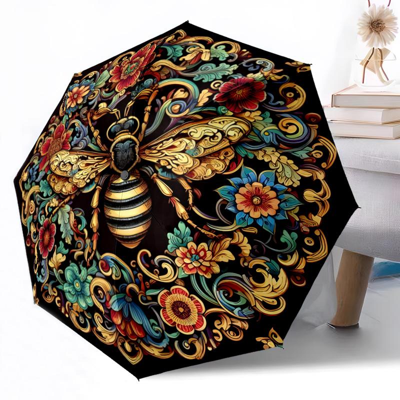 Vintage Bee Circular Art Pattern Outdoor Automatic Umbrella Retractable Design with 8-Rib Durability Lightweight Perfect Gift for Friends Family