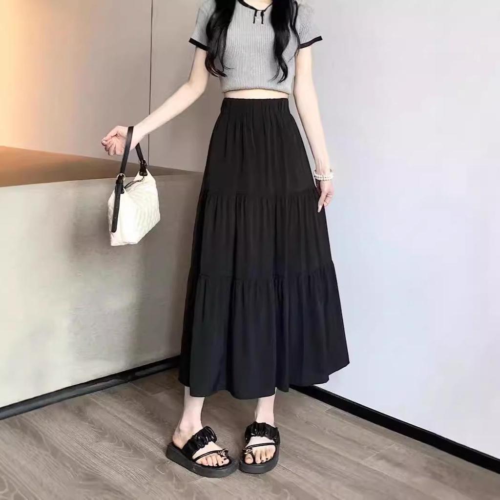 2024 Women's Black Elastic High-Waist Midi A-Line Skirt: Slimming, Draped, and Trendy for Spring/Autumn